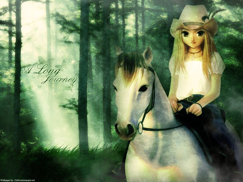 Anime girl on horse in forest