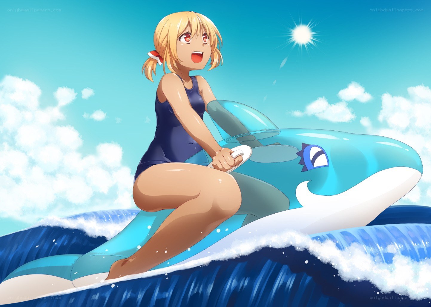 Anime girl on inflatable dolphin