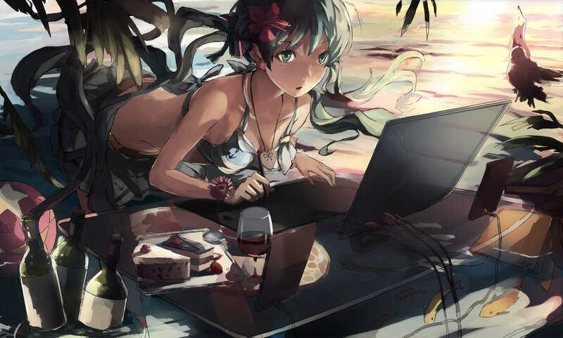 anime girl on laptop at sunset