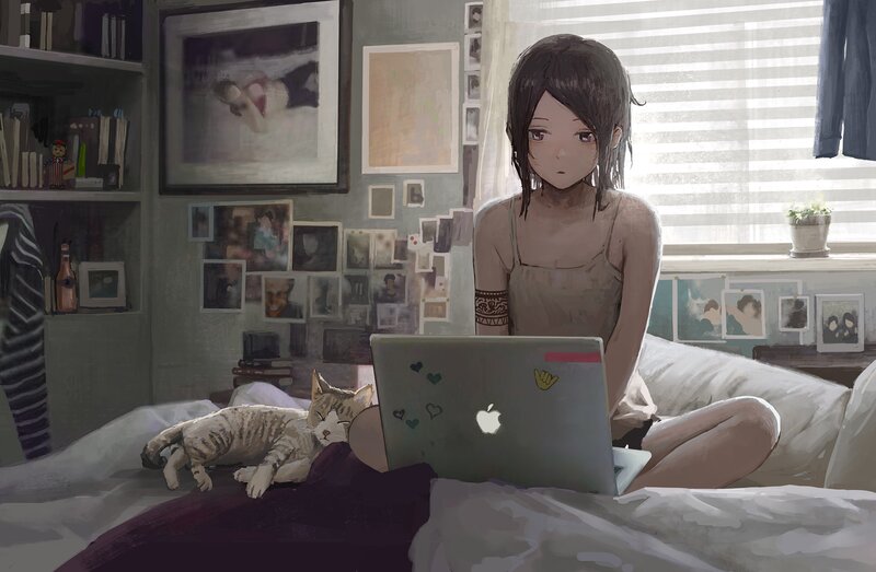 Anime Girl on Laptop — Gray