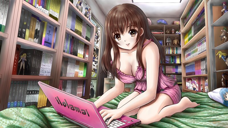 Anime Girl on Laptop — Pink, Calm
