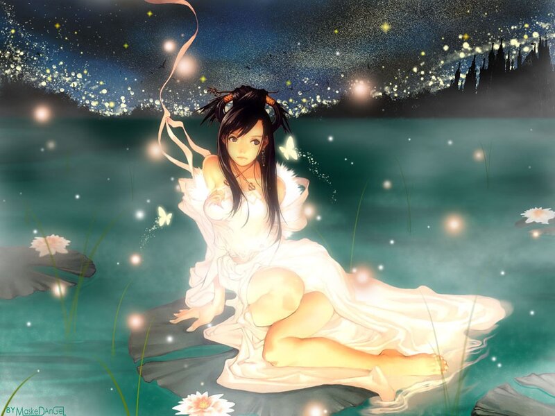 Anime girl on lily pad at night