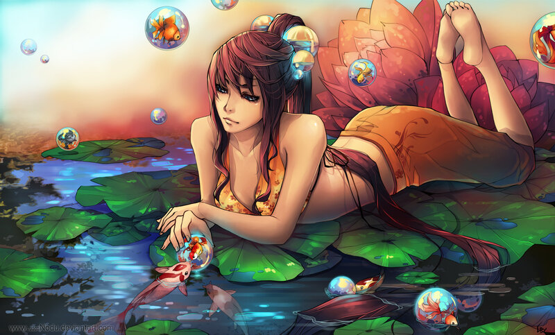 Anime Girl on Lily Pad — Green