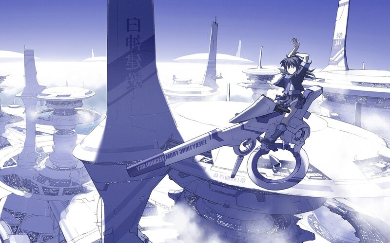Anime Girl on Mech — Blue, Serene, Futuristic City