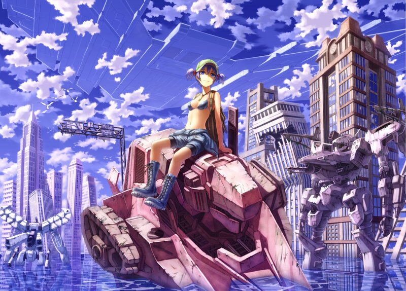 Anime girl on mech wreckage