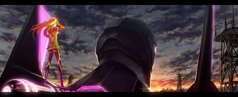 anime girl on mecha at sunset
