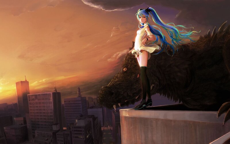 Anime Girl on Monster — Orange, Dramatic, Sunset