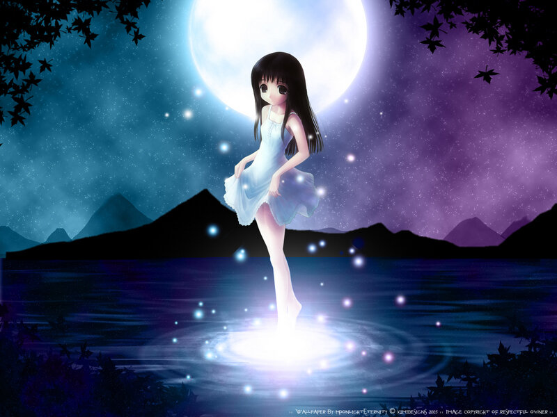 Anime girl on moonlit lake