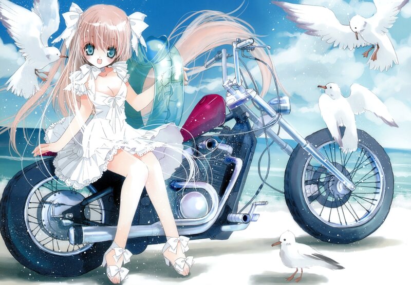 Anime girl on motorcycle at beach