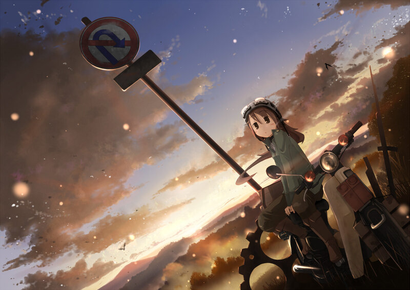Anime girl on motorcycle at sunset