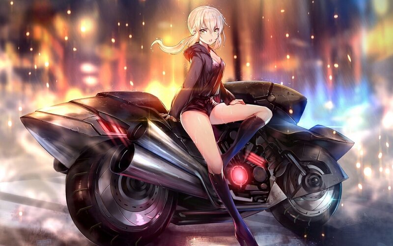 Anime Girl on Motorcycle — Black, Dramatic, Night, Digital Art, City Lights