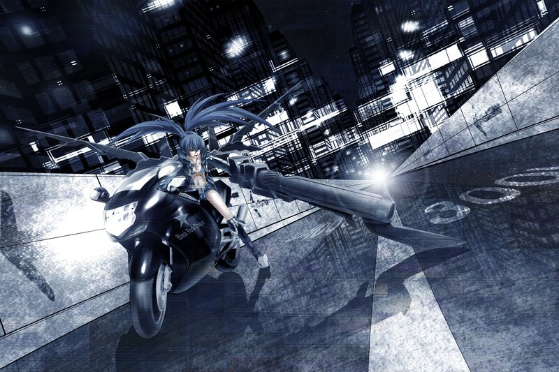 Anime Girl on Motorcycle — Black, Dramatic, Night, Digital Art, Cityscape