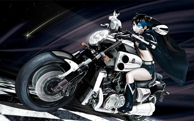 Anime Girl on Motorcycle — Black, Dramatic, Night, Digital Art, Stars
