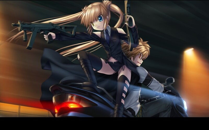 Anime Girl on Motorcycle — Black, Dramatic, Night, Gun