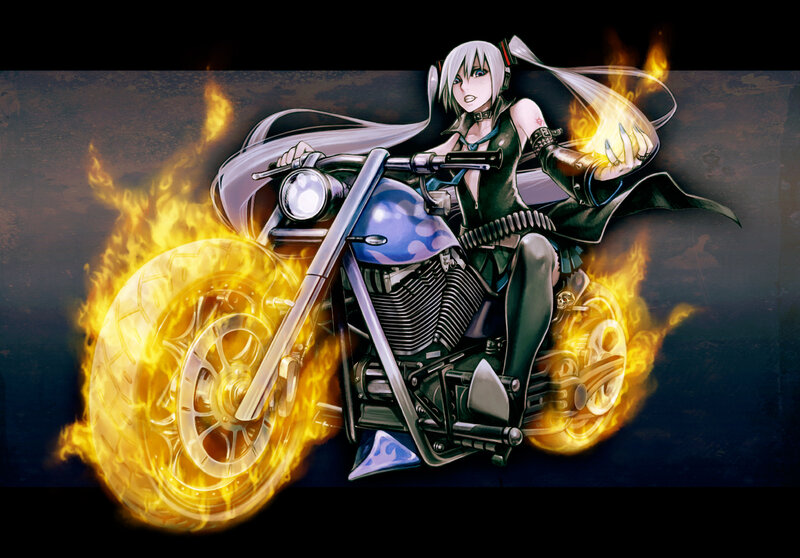 Anime Girl on Motorcycle — Black, Dramatic, Night