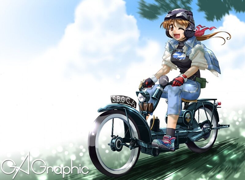 Anime Girl on Motorcycle — Blue, Cheerful