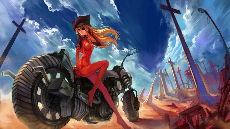 Anime Girl on Motorcycle — Blue, Dramatic, Afternoon