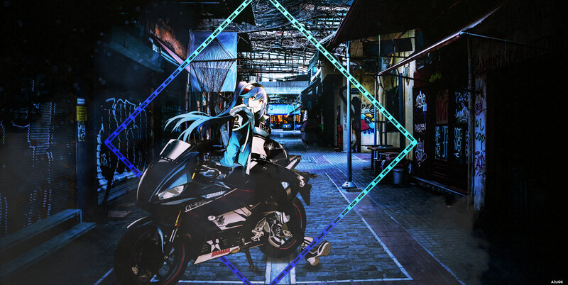Anime Girl on Motorcycle — Blue, Dramatic, Night, Digital Art