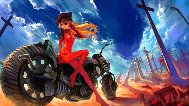 Anime Girl on Motorcycle — Blue, Dramatic, Sunset