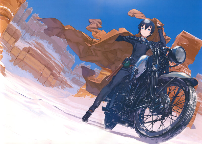 Anime Girl on Motorcycle — Blue, Dynamic, Afternoon