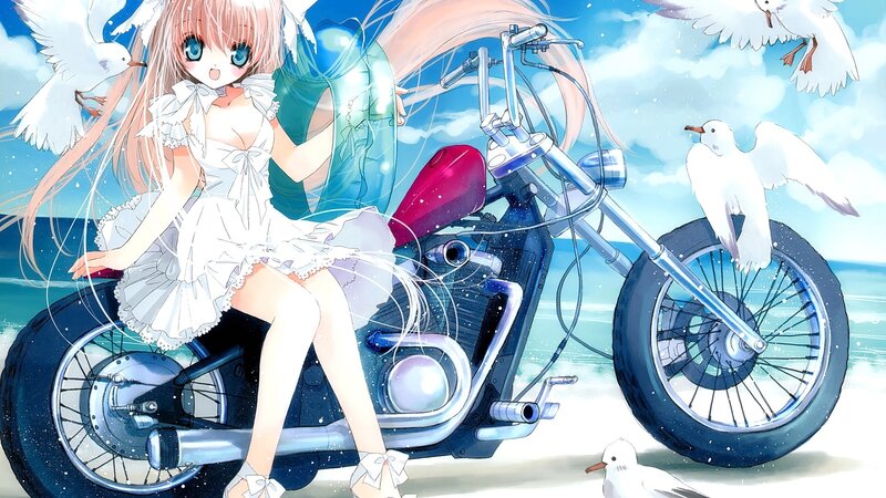 Anime Girl on Motorcycle — Blue, Serene, Afternoon, Seagulls