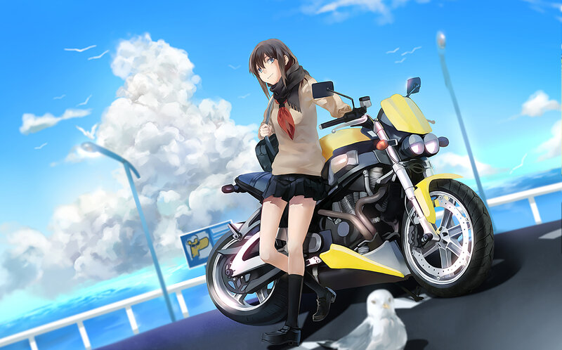 Anime Girl on Motorcycle — Blue, Serene