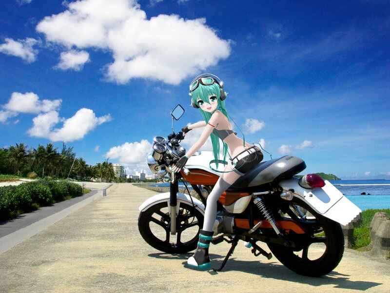 Anime girl on motorcycle by beach