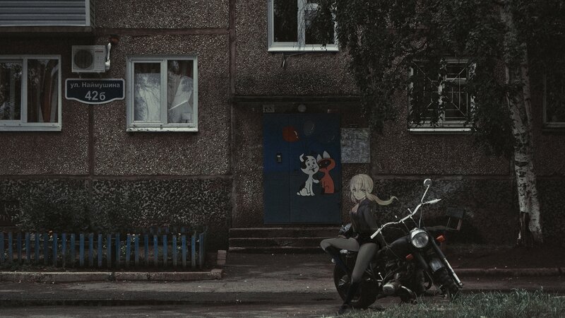 Anime Girl on Motorcycle — Gray, Dramatic