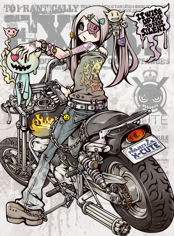 Anime Girl on Motorcycle — Gray, Edgy