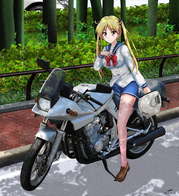 Anime Girl on Motorcycle — Green, Calm, Afternoon
