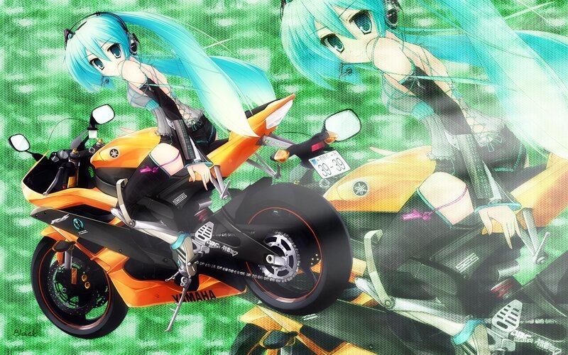Anime Girl on Motorcycle — Green, Dynamic, Digital Art