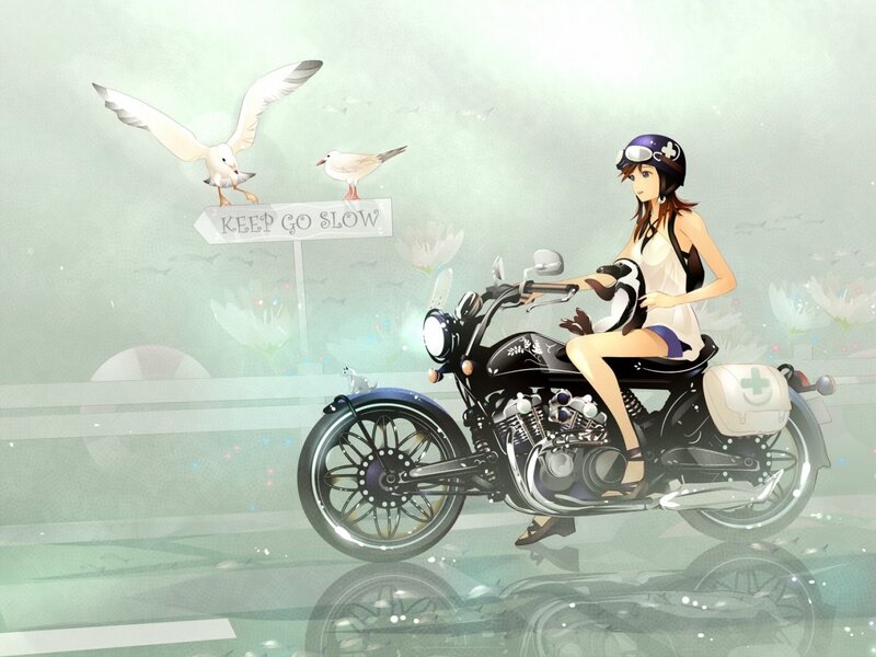 Anime Girl on Motorcycle — Green, Serene, Digital Art