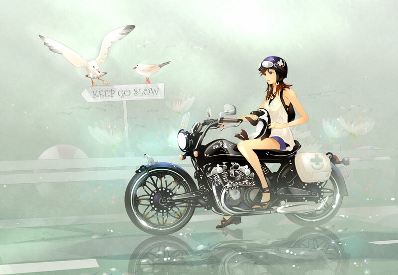 Anime Girl on Motorcycle — Green, Serene