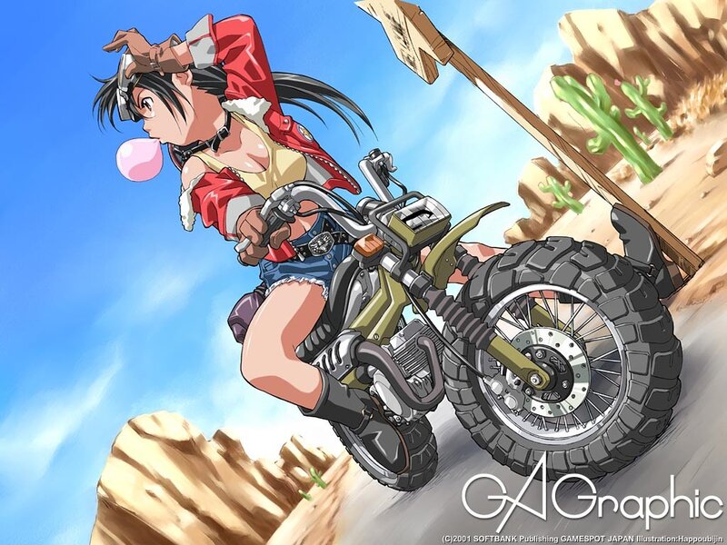 Anime girl on motorcycle in desert