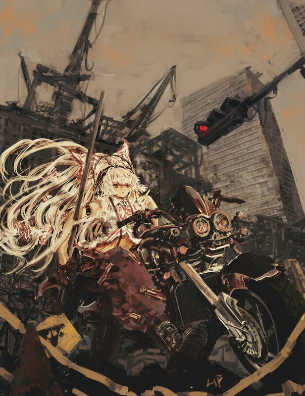 Anime girl on motorcycle in ruins