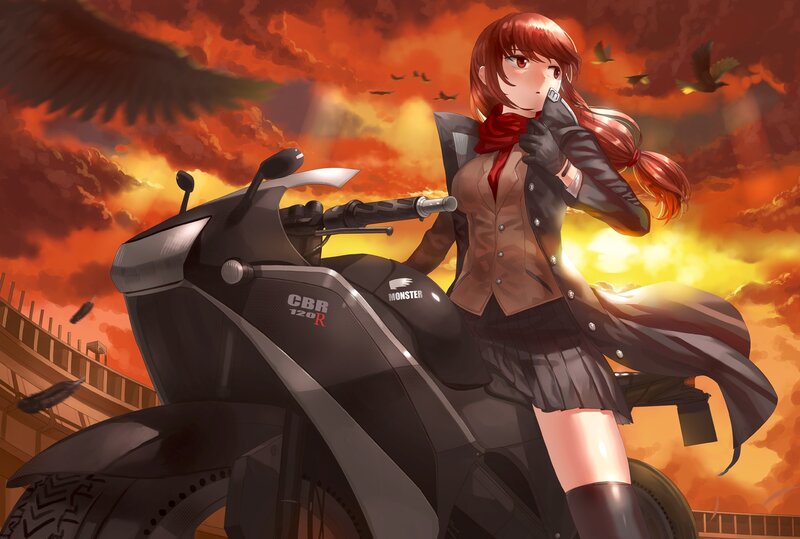 Anime Girl on Motorcycle — Orange, Dramatic, Sunset