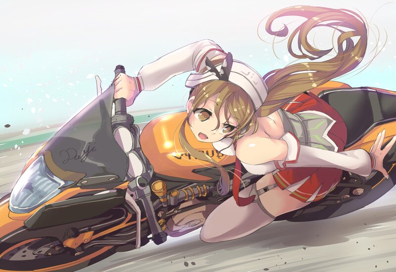 Anime Girl on Motorcycle — Orange, Dynamic, Afternoon