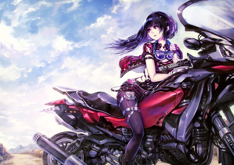 Anime Girl on Motorcycle — Purple, Dramatic, Afternoon