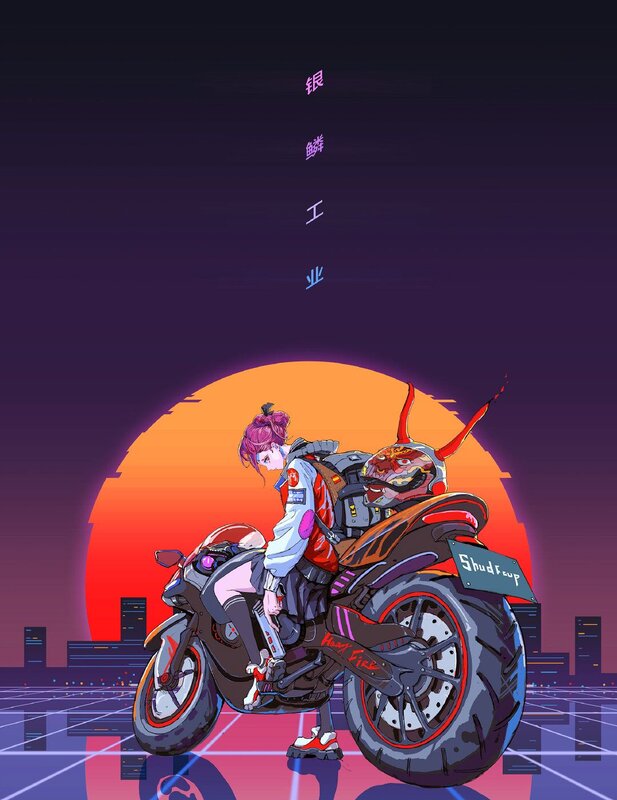 Anime Girl on Motorcycle — Purple, Dramatic, Sunset