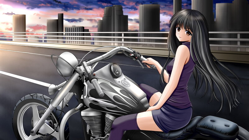 Anime Girl on Motorcycle — Purple, Dramatic