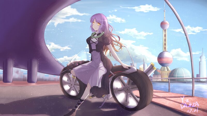 Anime Girl on Motorcycle — Purple, Serene, Afternoon