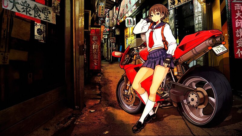 Anime Girl on Motorcycle — Red, Dramatic, Night, Digital Art