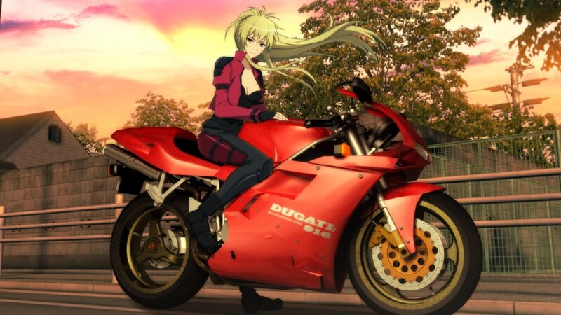 Anime Girl on Motorcycle — Red, Dramatic, Sunset
