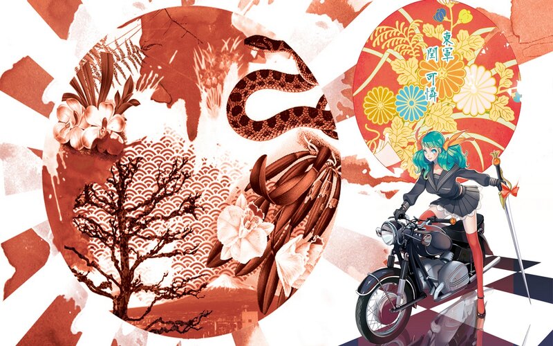 Anime Girl on Motorcycle — Red, Dramatic