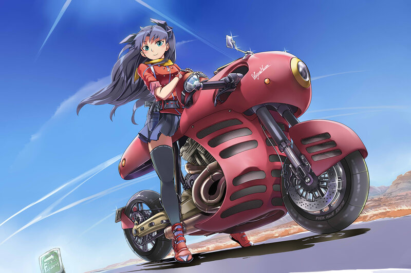 Anime Girl on Motorcycle — Red, Dynamic, Afternoon