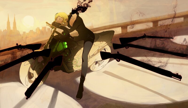 Anime girl on motorcycle with guns
