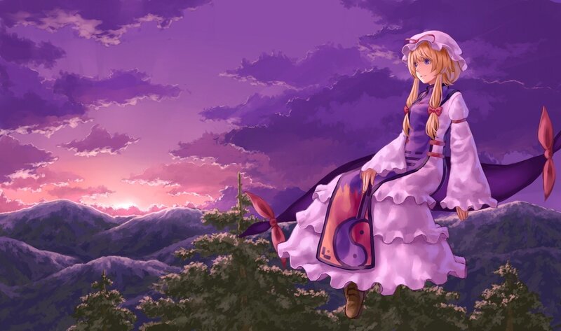 anime girl on mountain at sunset