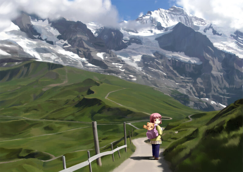Anime girl on mountain path
