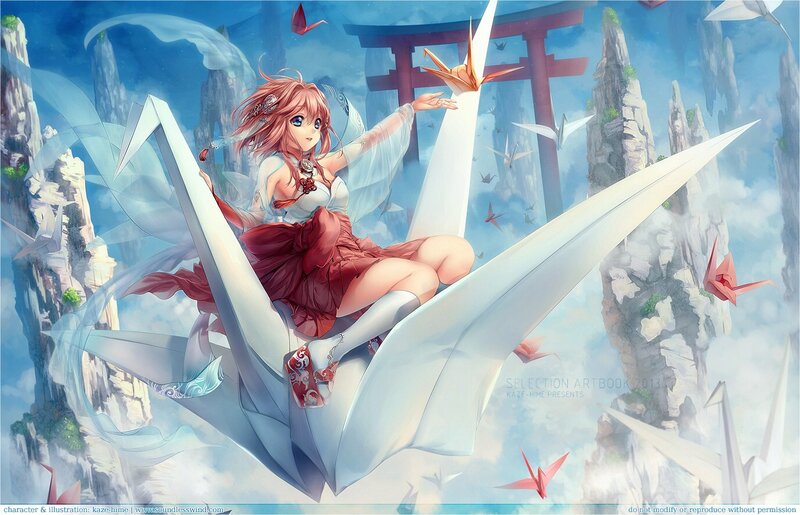 Anime girl on paper crane