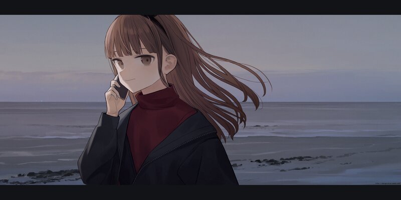 Anime Girl on Phone — Brown, Calm, Sunset